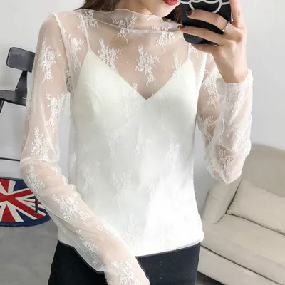 White flower Пикантные сетчатые Топы harajuku Прозрачная Футболка открытая Прозрачная майка с длинным рукавом в горошек сетчатые Топы Клубная звезда с сердцем - Цвет: White flower