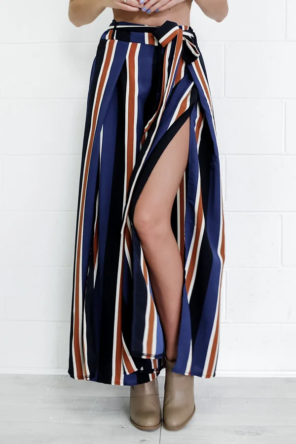 2017 Сторона Сплит широкие брюки ноги женщины в Вертикальную Полоску Boho Длинные