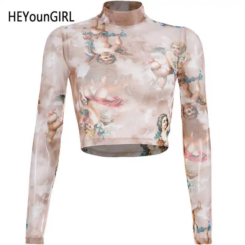 Хаки HEYounGIRL, Прозрачные топы с длинным рукавом, футболки, водолазка, сексуальная Сетчатая футболка для женщин, принт, Прозрачная Футболка, Женская Весенняя - Цвет: Хаки