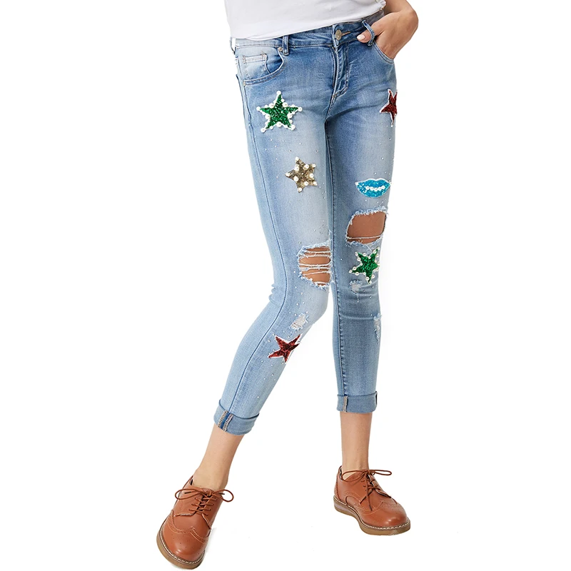Женские джинсы 2018 узкие модные рваные женские с дырками вышитые цветные
