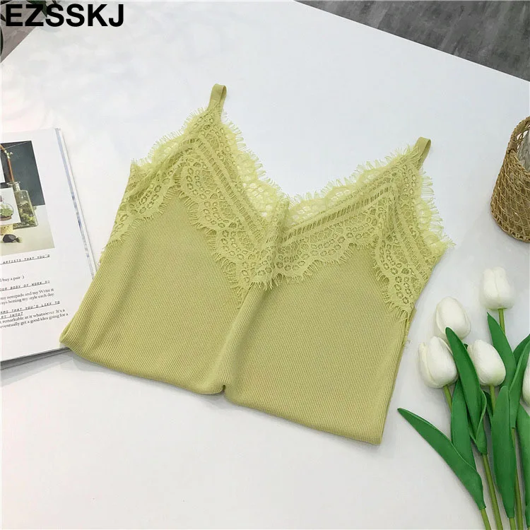 yellow green Новинка, сексуальный кружевной топ с v-образным вырезом, Женский Топ, повседневная майка, шикарная Однотонная рубашка без рукавов, Женский вязаный Топ - Цвет: yellow green