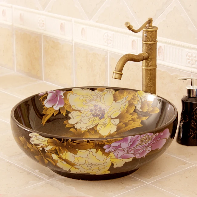 Европейский Винтажный умывальник Lavabo керамическая ванная раковина верхняя полочка на заказ умывальник с рисунком пиона умывальник