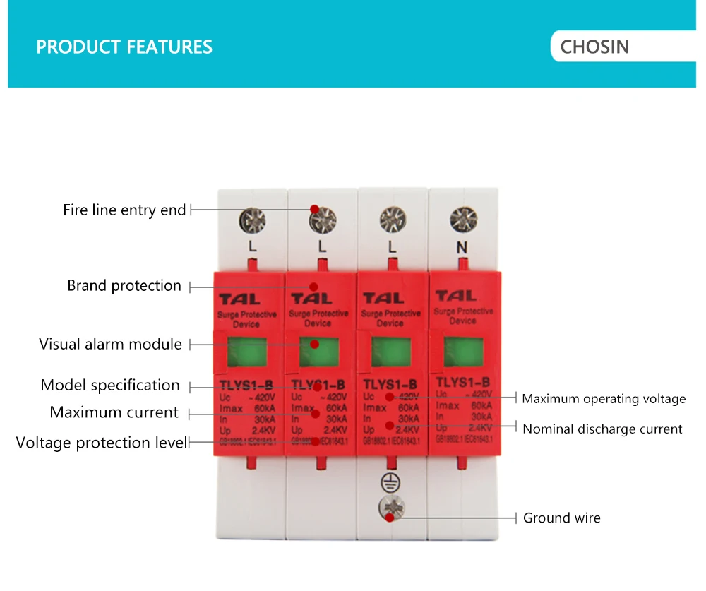 Защита от перенапряжения B60-4P 30KA~ 60KA 275 V 385 V 420 V AC Spd House защитное Низковольтное предохранительное устройство 3 P+ N защита от молнии