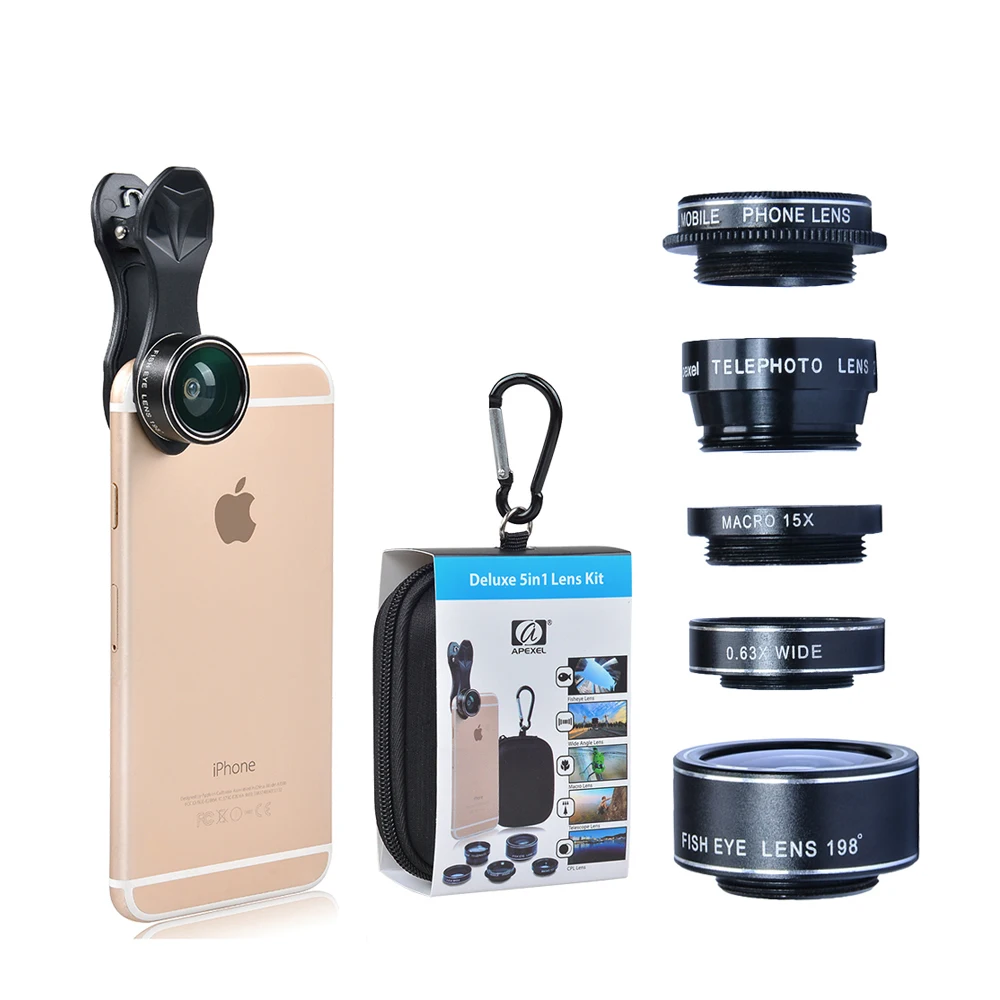 Apexel 5in1 телефон Объективы для фотоаппаратов комплект 2x телефото Lentes рыбий глаз