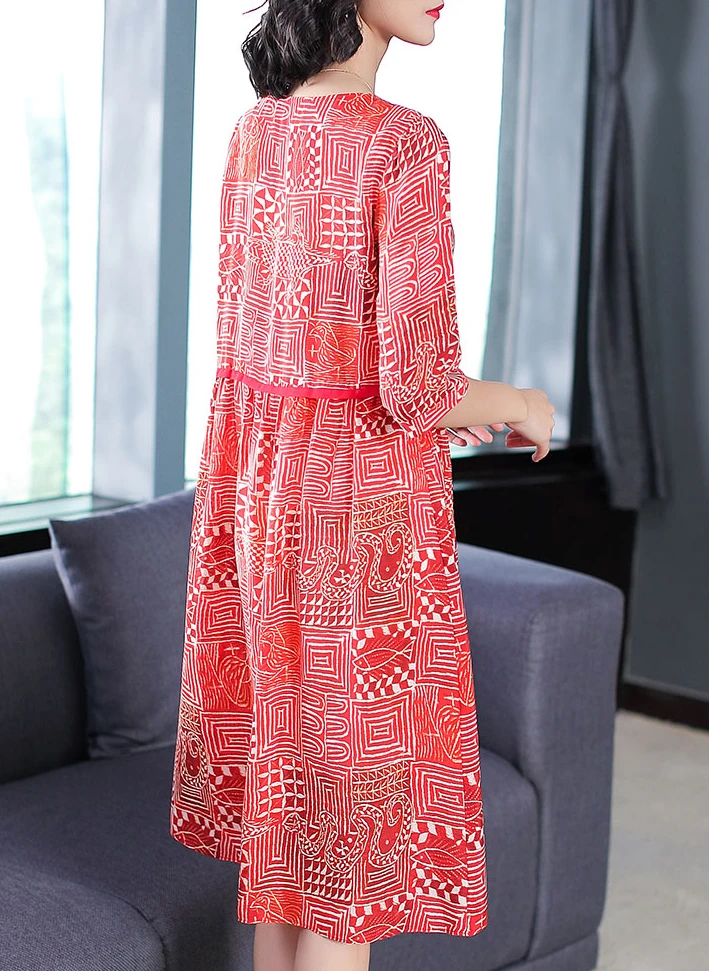 Imitate Real Silk Dress Women Temperament Slim O-neck Half Sleeved Printed Dresses Mid Calf length 2018 Spring Summer | Женская одежда