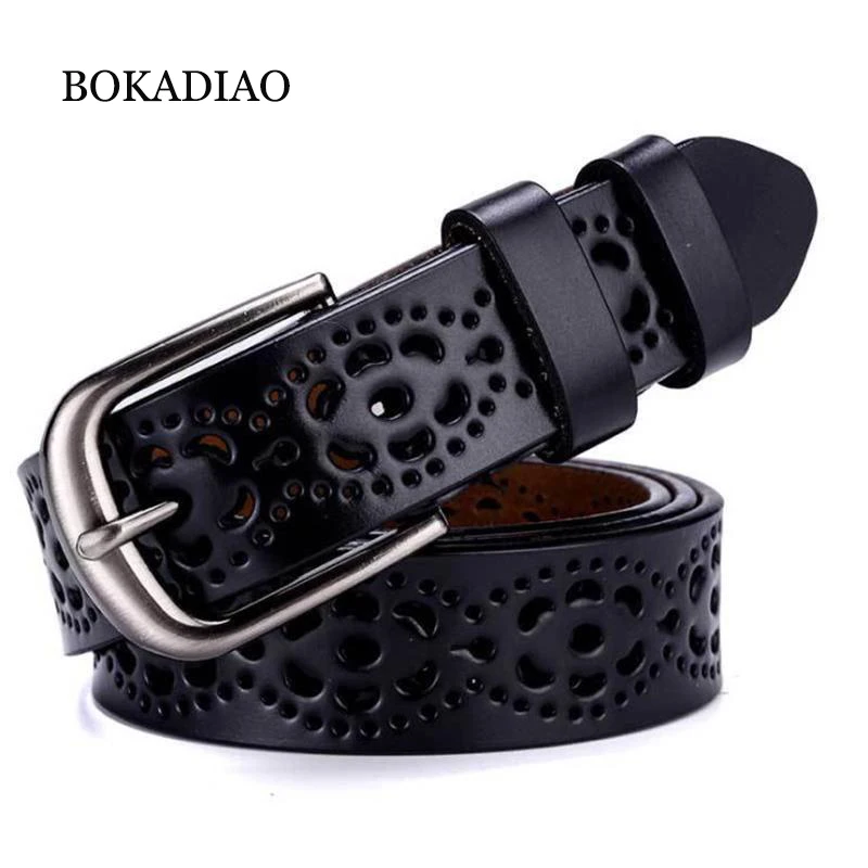 BOKADIAO Hot women's genuine leather belt Punk luxury brand designer belts for women high quality casual female jeans belt Black