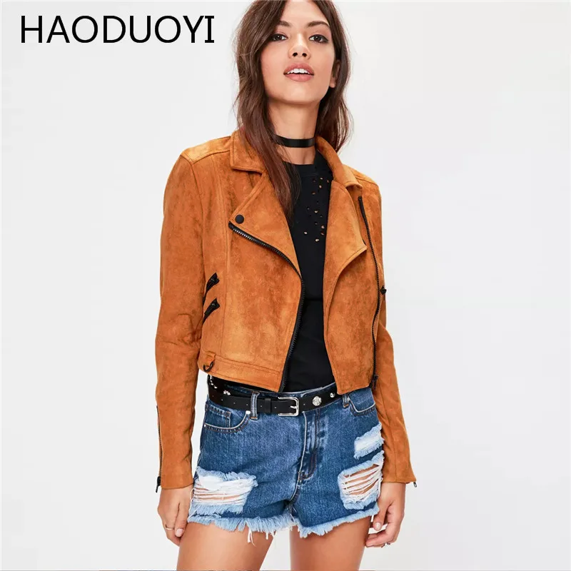 Haoduoyi моды осень Для женщин мотоцикл PU Базовая куртка замшей косой молнией