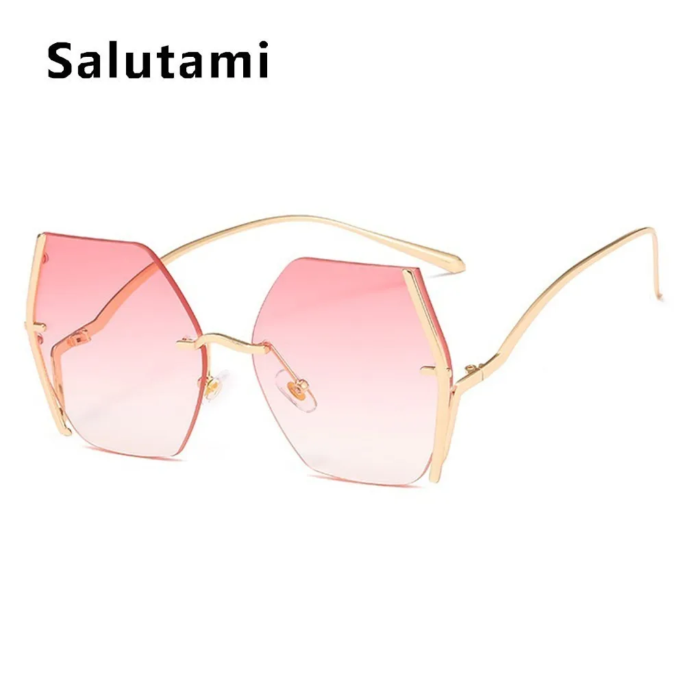 gold double pink Женские солнцезащитные очки "кошачий глаз" без оправы,, брендовые, сплав, бескаркасные, прозрачные, солнцезащитные очки для девушек, Ретро стиль, большие градиентные оттенки - Цвет линз: gold double pink