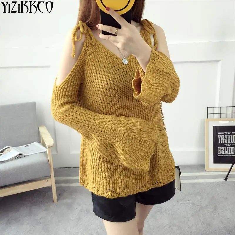 Cold Shoulder Cut Out Пуловеры для женщин сексуальная v-образным вырезом свитер Для с
