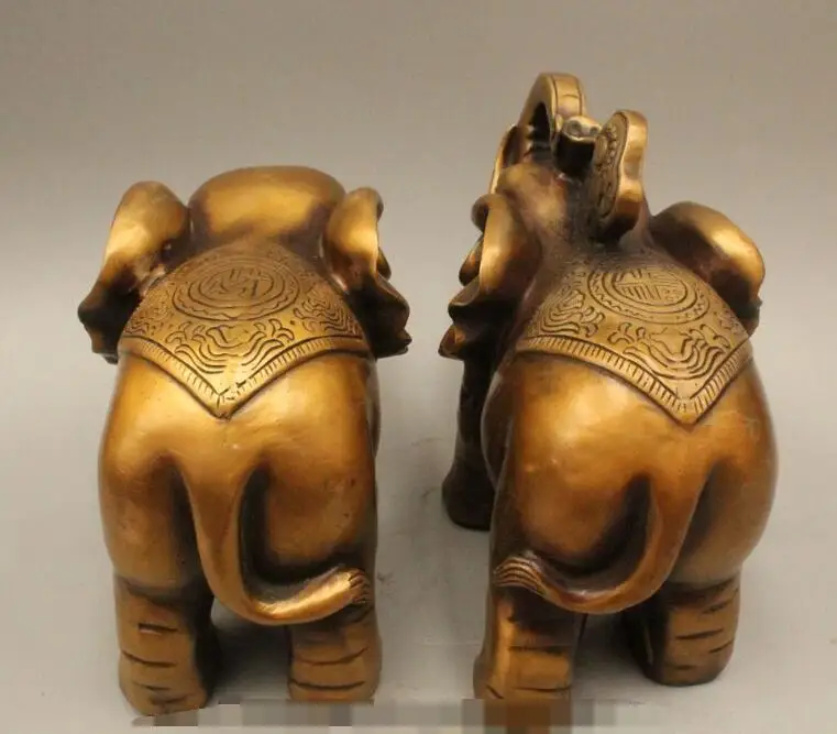 

Free shipping S02970 8" China Feng Shui Bronze Wealth Elephant Yuan Bao Ru Yi Auspicious Statue Pair