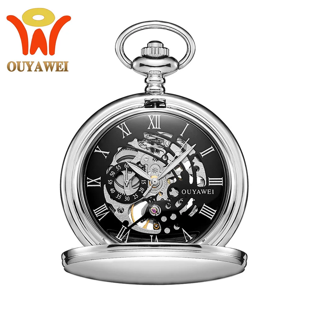 Silver Black OYW бренд из нержавеющей стали мужские модные повседневные карманные часы Скелет циферблат черный ручной Ветер Механические Мужские Fob часы на ремешке с цепочкой - Цвет: Silver Black