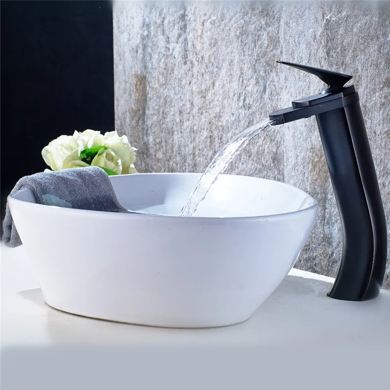 Медный корпус черный античный водопад смеситель для раковины холодной и горячей