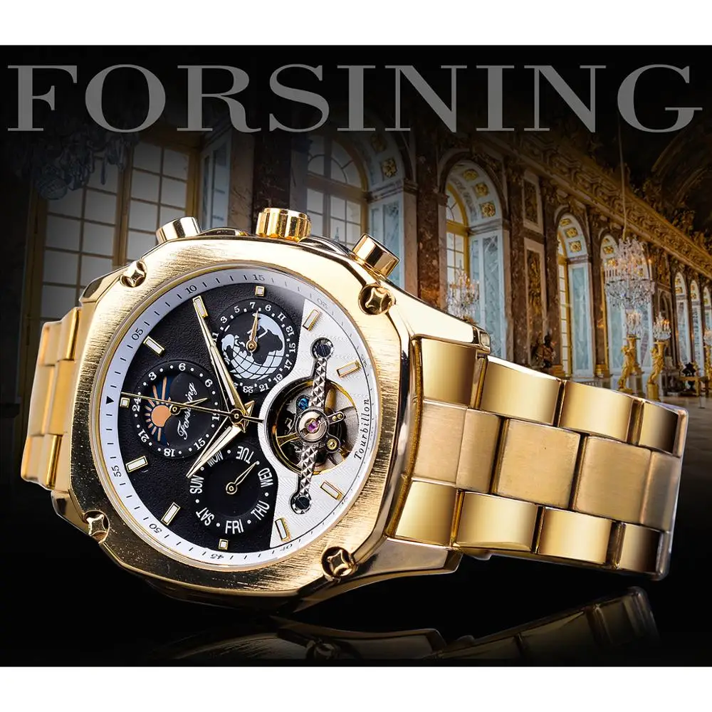Forsining Grand, золотые автоматические часы, турбийон, Moonphase, мужские механические часы с календарем, стальные ремни, наручные часы, Relogio