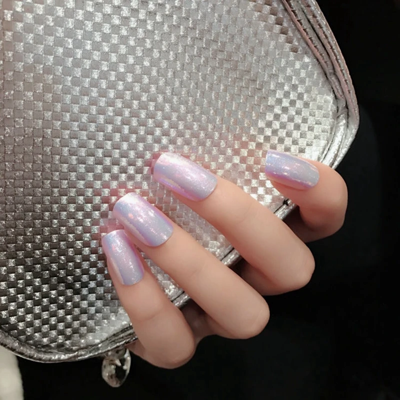 Holo Chameleon Pink False Nails Tips Reflective Metallic Mirror Abalone Square Fake Nail Full Cover Fuax Ongles | Красота и здоровье