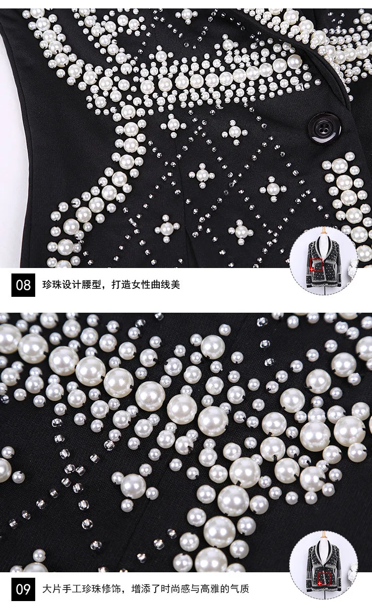 High Quality Handmade Beading Blazers Ladies New Elegant Solid Notched Collar Luxurious Chic Party Pearl Outerwear Suit Jackets