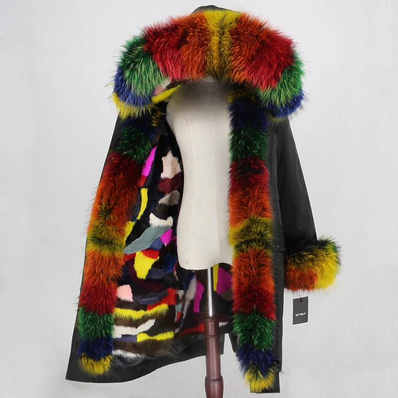 black multi OFTBUY X-long Parka водонепроницаемая верхняя одежда зимняя куртка женская шуба из натурального меха енота Капор из норки съемная меховая подкладка - Цвет: black multi
