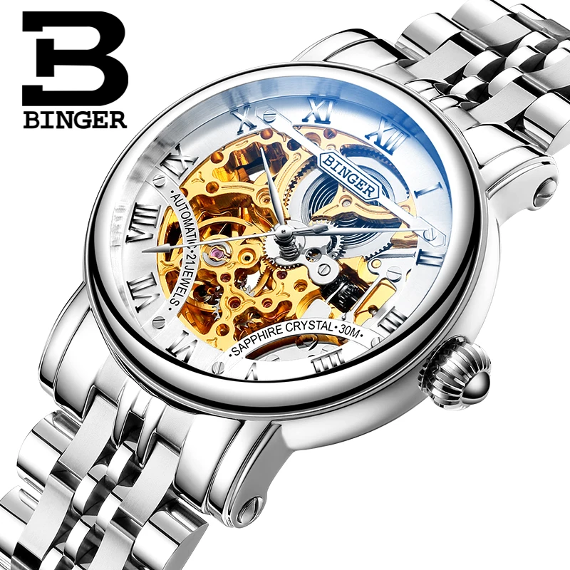 

Switzerland luxury men's watche BINGER brand Hollow Out Mechanical Wristwatches sapphire full stainless steel B-5066M