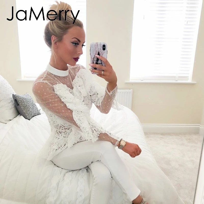 Женская винтажная блузка с рюшами JaMerry белая кружевная сетчатая вышивкой
