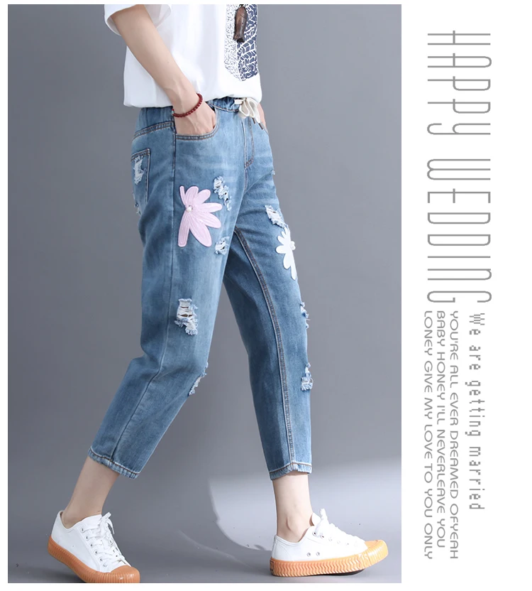 THHONE/джинсы больших размеров, Женские джинсовые штаны, брюки с вышитыми цветами, Mujer Jean Femme, повседневные рваные джинсы для мамы, женские штаны