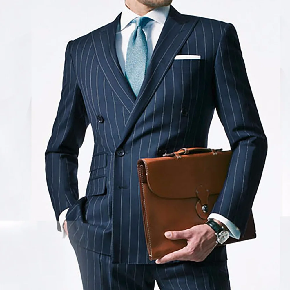 Мужской костюм в полоску с мелом на заказ мужской темно синего цвета двубортный