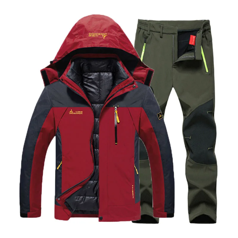 Red Army Green set 6XL костюм размера плюс для походов, Походов, Кемпинга, катания на лыжах, альпинизма 3 в 1, уличные куртки, набор для мужчин, зимние водонепроницаемые рыболовные термо брюки - Цвет: Red Army Green set