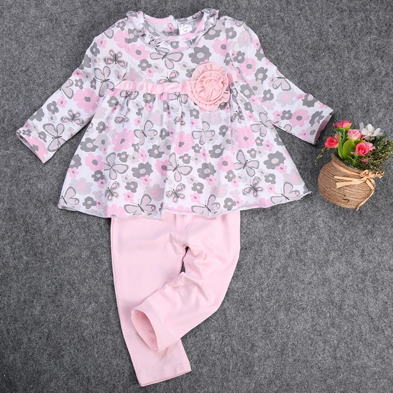 Новое платье с баской и цветочным принтом+ штаны, комплект одежды из 2 предметов для маленьких девочек 12, 18, 24 месяцев