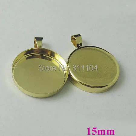 15mm New Gold tone Plated Copper Blank Bases Round Deep Wall Bezel cups w/ a bail Cabochon Settings Pendant Blank Wholesale