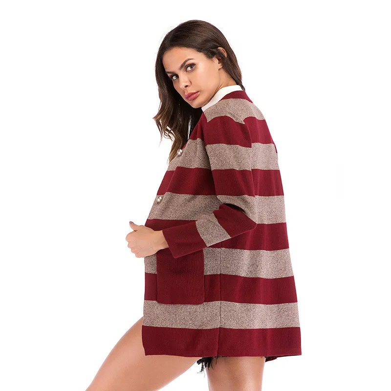 SharVell Women Sweater Single Breasted Pearl Button Cardigans Spring Striped Print Long Length Casual Outwear |