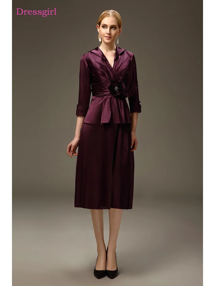 Пурпурного цвета мамы невесты платья прямое платье с v образным вырезом тафта Чай