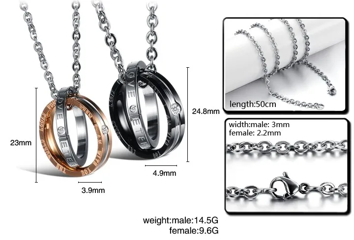 Couples Jewelry Necklaces Black Rose Gold colour Couple Necklace Titanium Steel Double rings Pendants KGX831 | Украшения и