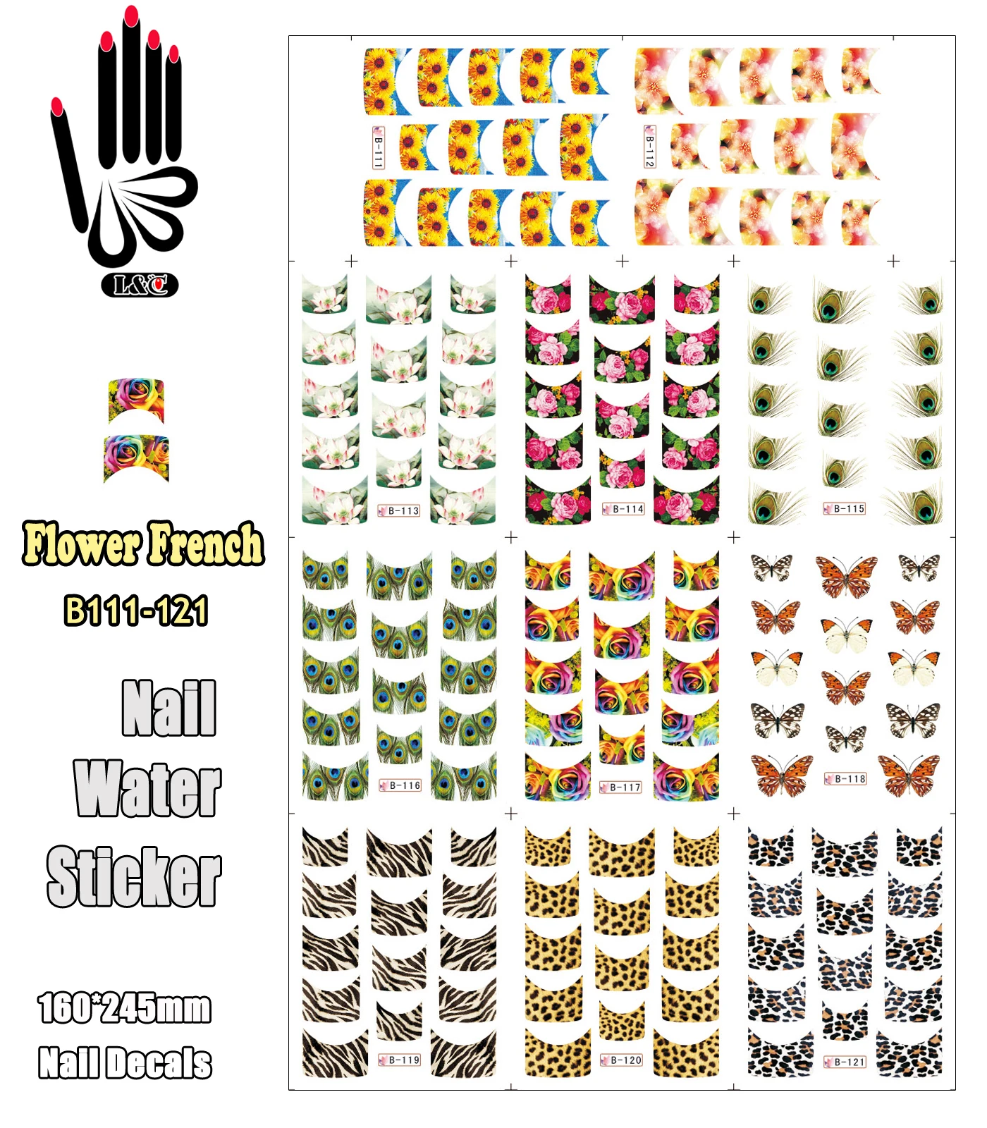 

11 Sheets/Lot Nail B111-121 Feather Leopard Flower French Nail Art Water Transfer Sticker Decal For Nail Art(11 DESIGNS IN 1)