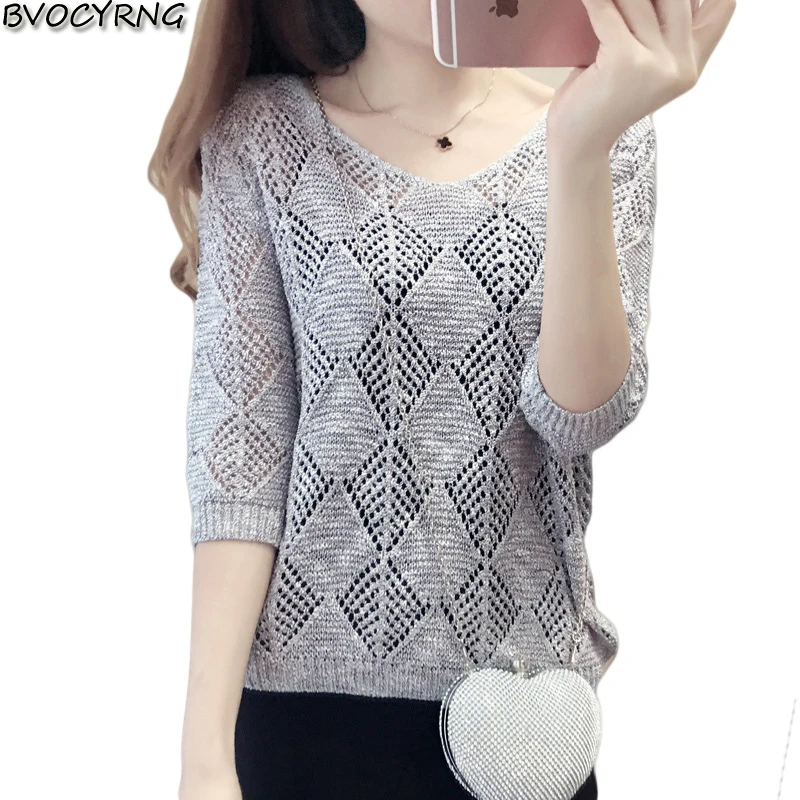 

New Women Knit Sweater Round Collar Hollow Spring Summer Loose Slim Ladies Fashion Big Yards Short Pullover A0179