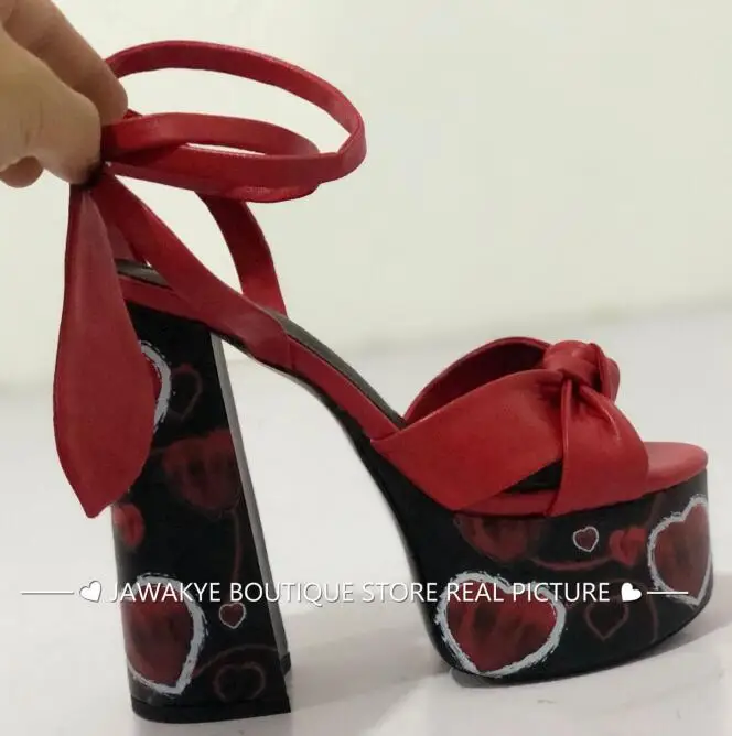 Super High Heel Ankle Strappy Platform Sandals Red Heart Embellished Summer Open Toe Gladiator Sandals Party Shoes Women - Цвет: Красный