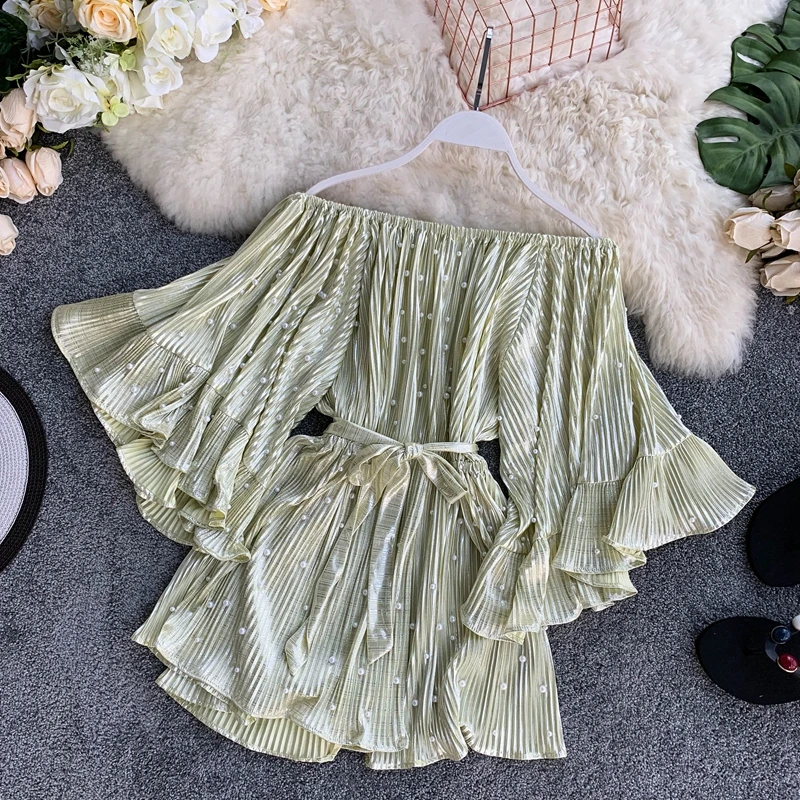 ALPHALMODA роскошный Свободный комбинезон с бисером без бретелек с расклешенными рукавами, высокая талия, широкие ноги, женская модная летняя одежда