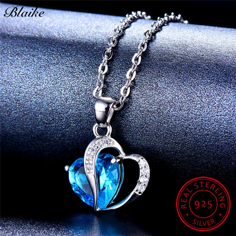 Female Austrian Crystal Heart Pendant Necklaces For Women 925 Sterling Silver Necklace Aquamarine Blue Green Stone Bride Jewelry | Украшения