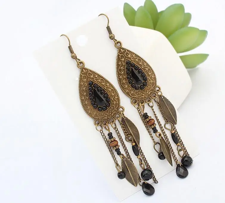 Винтажные серьги в индийском стиле с красивым узором из сплава бусинами листьями и цепочками женские