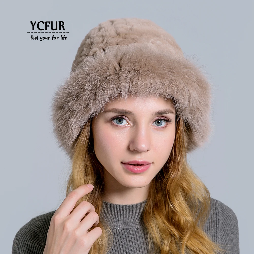 YCFUR Настоящий мех кролика шапка для женщин Зимняя теплая Толстая меховая повседневная женская шапка s шапочки с лисьим мехом