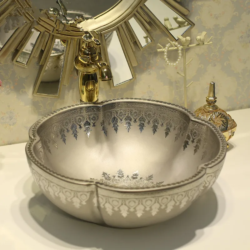 Цветочный Счетчик Топ умывальник Cloakroom ручная роспись сосуд раковина раковины для ванной комнаты Серебряный счетчик умывальник
