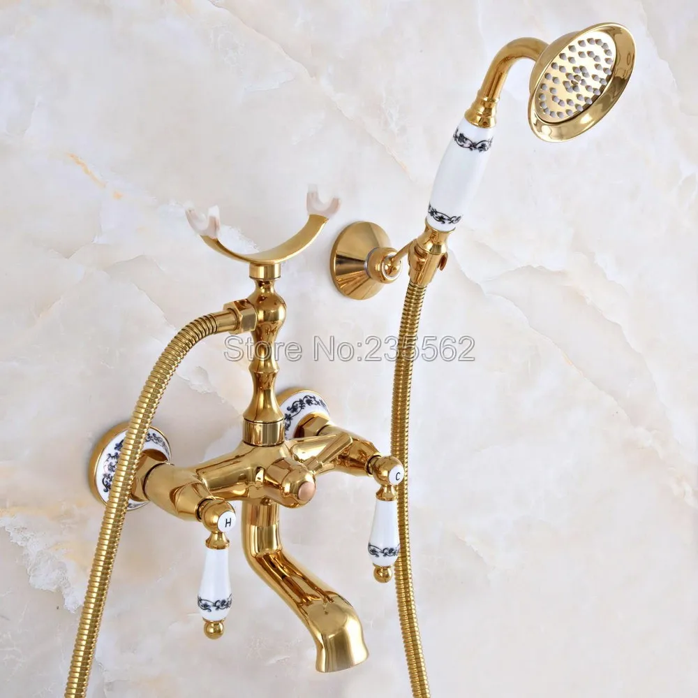 

Gold Color Brass Wall Mounted Swive Spout Tub Mixer Tap with Handshower Handheld Bath Shower Mixer Water Set lna906