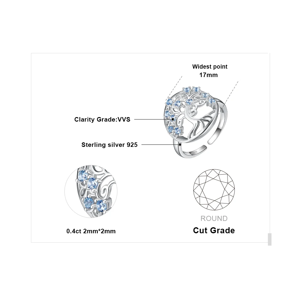 JewelryPalace Genuine Light Blue Spinel Tree of Life Adjustable Open Ring 925 Sterling Silver Round Sweet and romantic