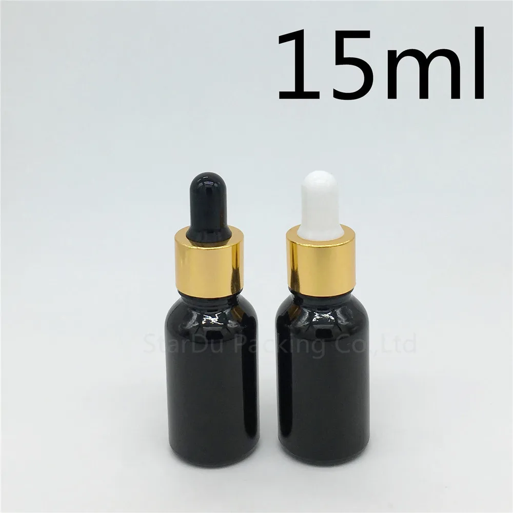 

200pcs/lot 15ml empty black glass essential oil bottle with gold aluminum ring dropper, 15CC glass perfume bottle