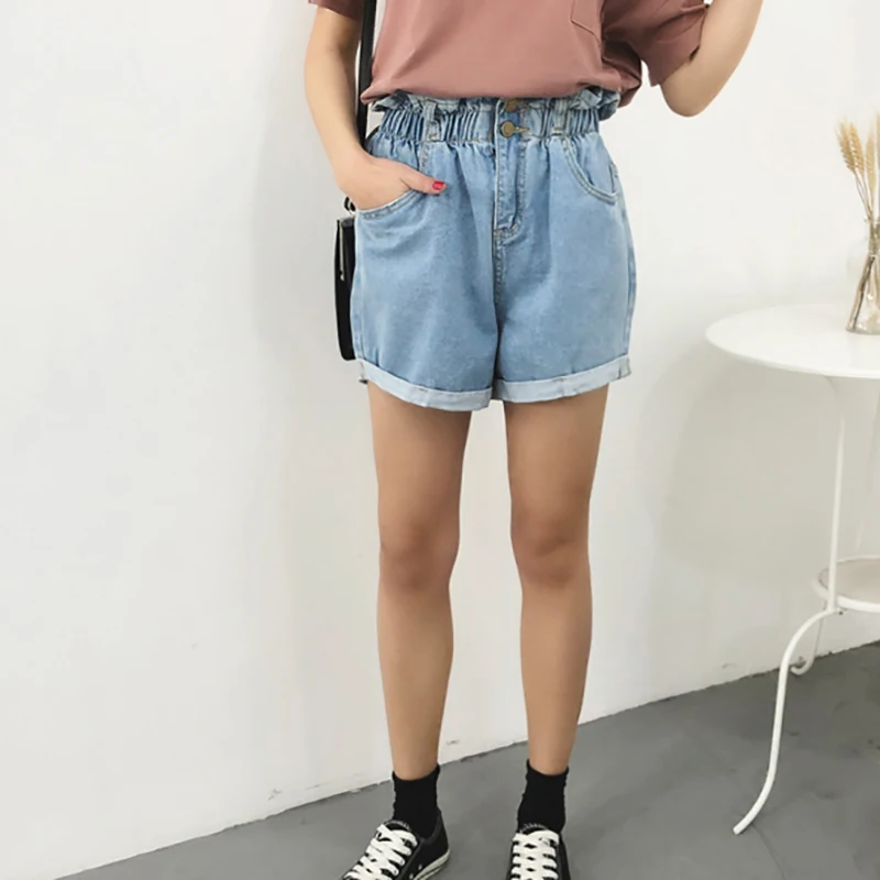 

Fanco Summer Denim Shorts Women Casual Loose Ladies Fashion Elastic High Waist Roll Up Hem Pocket Blue White Jeans Female