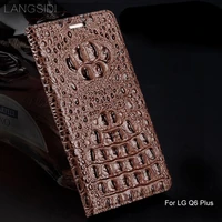 luxury genuine leather flip phone case crocodile back texture for lg q6 plus all handmade phone case