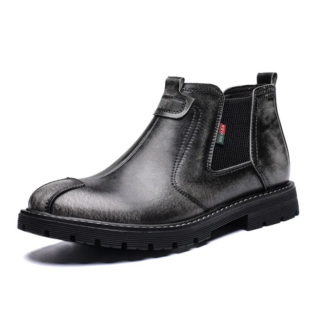 Gray Boots Merkmak/сезон осень-зима; мужские теплые ботинки из натуральной кожи без шнуровки; повседневные ботильоны; Мужская Уличная обувь; обувь в байкерском стиле; мужская обувь на плоской подошве - Цвет: Gray Boots