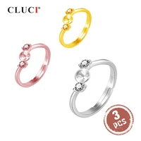 cluci 3pcs 925 sterling silver women adjustable rings jewelry silver 925 pearl ring mounting rose gold zircon rings sr2148sb