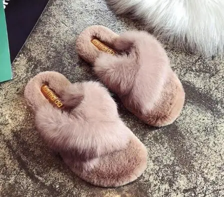 as picture shows COOLSA Women's Fluffy Rabbit Fur Slippers Fashion Indoor Cross Fur Slides Casual Push Cotton Flip Flops Large Size Shoes - Цвет: as picture shows