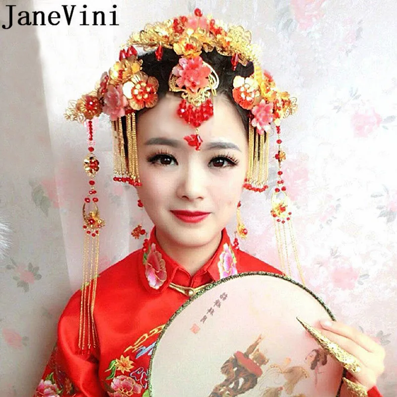 JaneVini 2018 Китайский Свадебный костюм невесты Корона повязка на голову платье для