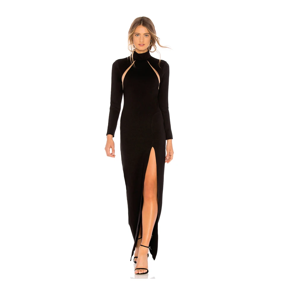 CIEMIILI 2019 New Spring Fashion Sexy Women Dress Back Zipper Floor-Length Bodycon Full Sleeves Turtleneck Party Dresses | Женская