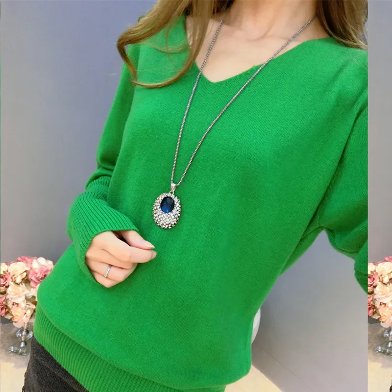 Cashmere sweater loose V collar bat sleeve pure color bottoming knitted big code fashionable | Женская одежда