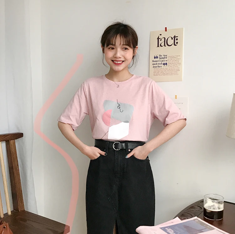 4 цвета лето 2019 корейский стиль Цветные Лоскутные свободные хлопковые футболки с